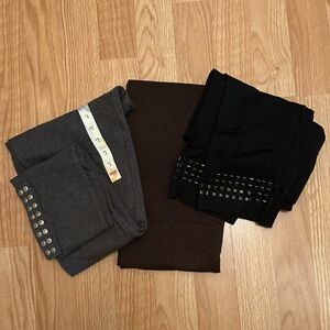 4 pack leggings size L grey (NWT), brown(NWOT), blue(NWOT) black capri leggings
